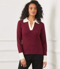 Contrast Ribbed Polo Sweater -Karen Kane Store 1D17A8F5 67CC 4A17 A165 2FF3D958816B