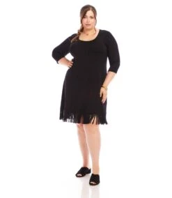 Plus Size 3/4 Sleeve Fringe Hem Dress