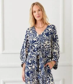 Petite Size Blouson Sleeve Tie Front Top