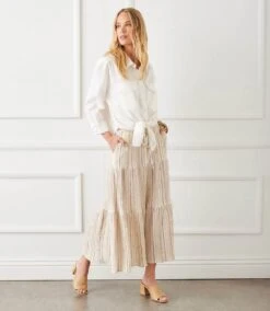Metallic Stripe Tiered Midi Skirt 12 Metallic Stripe Tiered Midi Skirt -Karen Kane Store 1L24600 STP karenkane 2025 Spring 000
