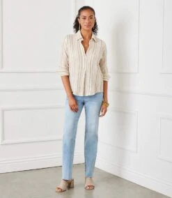 Metallic Stripe Ruched Sleeve Shirt -Karen Kane Store 1L24602 STP karenkane 2025 Spring 0