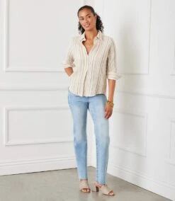 Metallic Stripe Ruched Sleeve Shirt -Karen Kane Store 1L24602 STP karenkane 2025 Spring 00