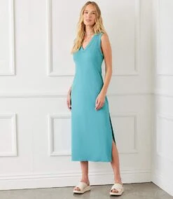 Sleeveless Ribbed V-Neck Midi Column Dress -Karen Kane Store 1L27201 AQU karenkane 2025 Spring 0