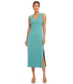 Sleeveless Ribbed V-Neck Midi Column Dress -Karen Kane Store 1L27201 AQU karenkane 2025 Spring 00 1
