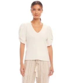 Petite Size Ribbed Twist Sleeve V-Neck Top -Karen Kane Store 1L27202P ECR karenkane 2025 Spring 00 1