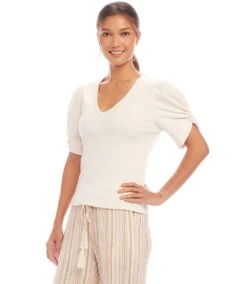 Petite Size Ribbed Twist Sleeve V-Neck Top -Karen Kane Store 1L27202P ECR karenkane 2025 Spring 00 2