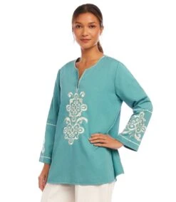 3/4 Sleeve Embroidered Tunic -Karen Kane Store 1L70226 AQU karenkane 2025 Spring 00 2