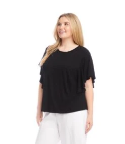 Plus Size Flutter Sleeve Crew Neck Top -Karen Kane Store 2L13043W BLK KK 2025 Summer 00 3