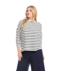 Plus Size Stripe 3/4 Sleeve Boatneck Top