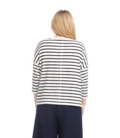 Plus Size Stripe 3/4 Sleeve Boatneck Top -Karen Kane Store 2L20401W CNA karenkane 2025 Summer 00 3