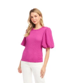 Petite Size Puff Sleeve Textured Top