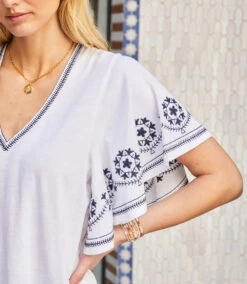 Petite Size Embroidered Flutter Sleeve Top -Karen Kane Store 2L21701P owh karenkane 2025 Summer 00 10