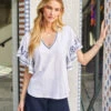 Petite Size Embroidered Flutter Sleeve Top 1 Petite Size Embroidered Flutter Sleeve Top -Karen Kane Store 2L21701P owh karenkane 2025 Summer 00 8