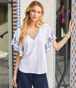 Petite Size Embroidered Flutter Sleeve Top