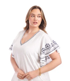 Plus Size Embroidered Flutter Sleeve Top 10 Plus Size Embroidered Flutter Sleeve Top -Karen Kane Store 2L21701W OWH karenkane 2025 Summer 00 4