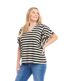 Plus Size Stripe Flutter Sleeve V-Neck Top