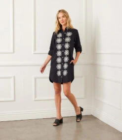 Petite Size Roll Tab Embroidered Shirtdress