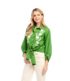 Blouson Sleeve Embroidered Tie-Front Top -Karen Kane Store 2L70118 GRE KK 2025 Summer 00 4