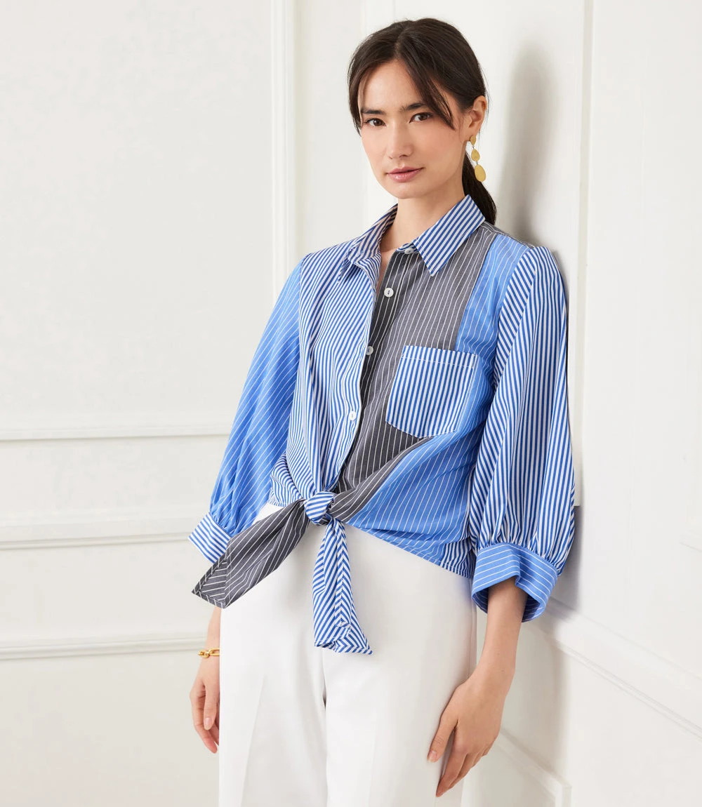 Blouson Sleeve Mixed Stripe Tie-Front Top 4 Blouson Sleeve Mixed Stripe Tie-Front Top - Image 2