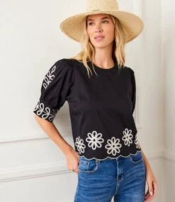 3/4 Sleeve Embroidered Scallop Top 17 3/4 Sleeve Embroidered Scallop Top -Karen Kane Store 2L70250 BLC KK 2025 Summer 00 7