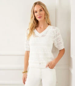 Short Sleeve Crochet V-Neck Top