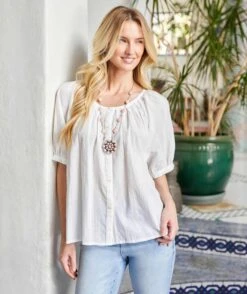 Short Sleeve Embroidered Peasant Top