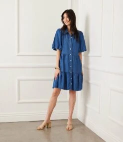 Petite Size Puff Sleeve Tiered Shirtdress