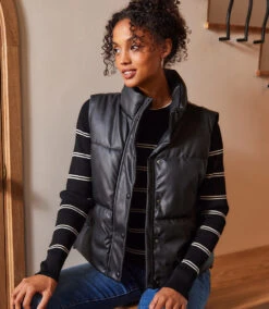 Faux Leather Quilted Puffer Vest