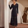 Long Sleeve Contrast Lace V-Neck Column Dress 2 Long Sleeve Contrast Lace V-Neck Column Dress -Karen Kane Store 3L08704 BLK karenkane 2025 fall 00 2
