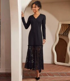 Long Sleeve Contrast Lace V-Neck Column Dress