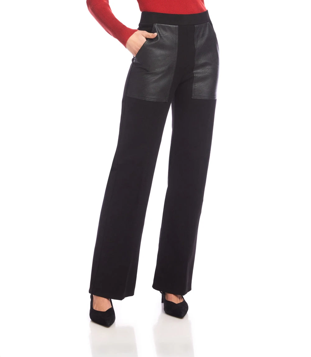 Contrast Faux Leather Pocket Wide-Leg Pants 5 Contrast Faux Leather Pocket Wide-Leg Pants - Image 3