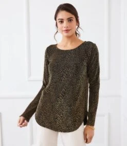 Petite Size Long Sleeve Metallic Knit Shirttail Top -Karen Kane Store 3L14201P LEO karenkane 2025 fall 00 2