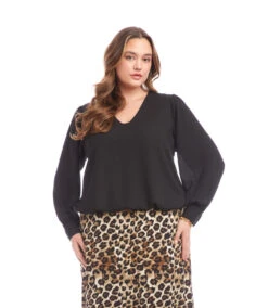 Plus Size Puff Sleeve V-Neck Top