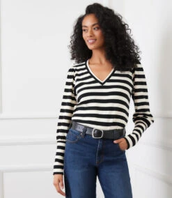 Petite Size Stripe Bishop Sleeve V-Neck Top -Karen Kane Store 3L25401P BLC karenkane 2025 fall 00 1