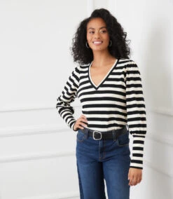 Stripe Bishop Sleeve V-Neck Top -Karen Kane Store 3L25401 BLC karenkane 2025 fall 00 2
