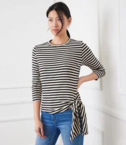 Stripe 3/4 Sleeve Side-Tie Top
