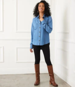 Long Sleeve Soft Denim Shirt Jacket -Karen Kane Store 3L33300 DEN karenkane 2025 fall 00 2