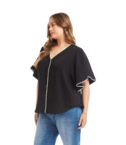 Plus Size Flutter Sleeve Edge Stitch Top -Karen Kane Store 3L35100W BLC karenkane 2025 fall 00 2