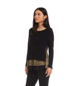 Layered Contrast Leopard Sweater -Karen Kane Store 3L43010 BLK karenkane 2025 fall 00 2