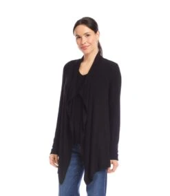 Petite Size Long Sleeve Ribbed Drape Front Cardigan -Karen Kane Store 3L56011P BLK karenkane 2025 fall 00 2