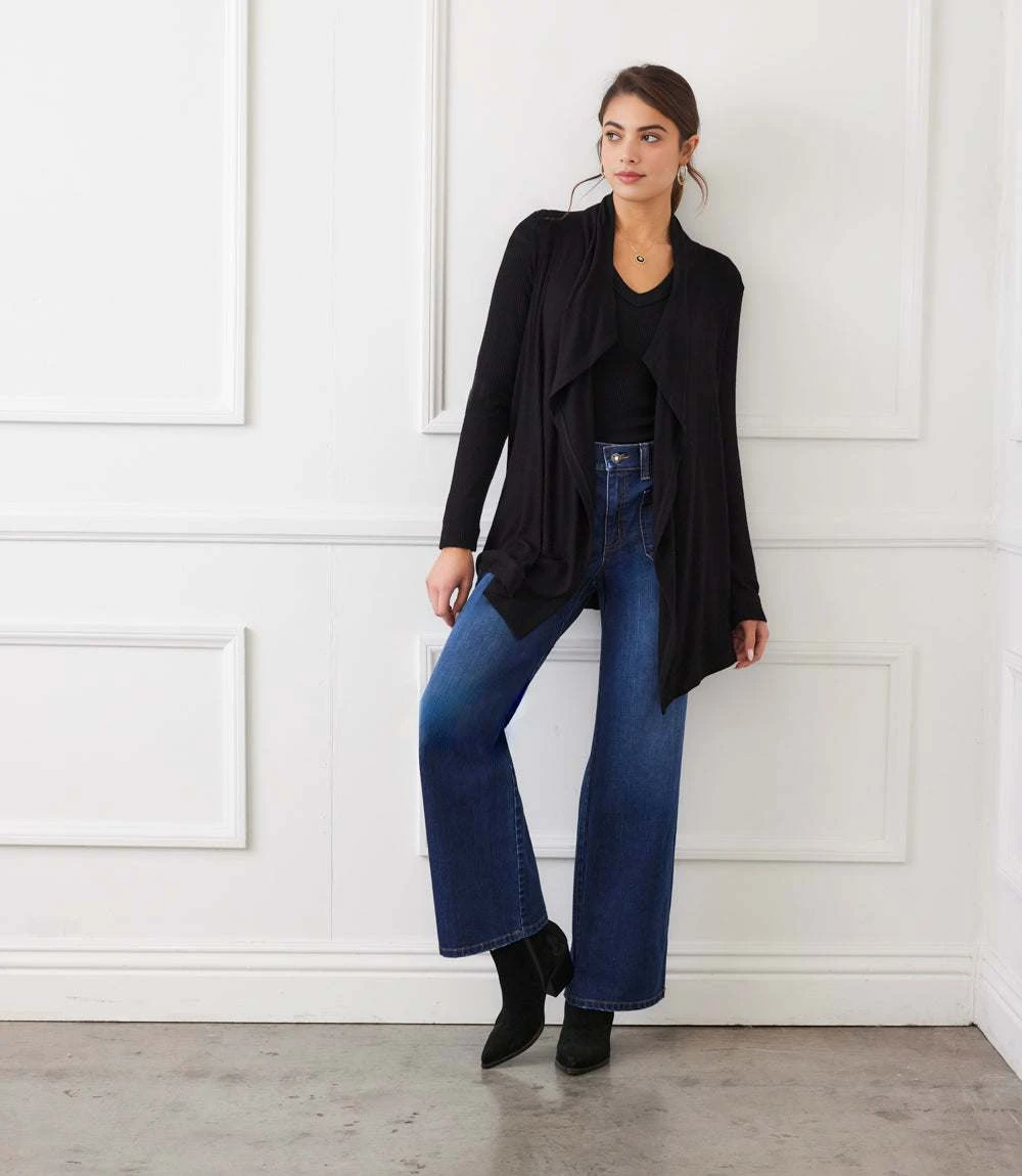 Long Sleeve Ribbed Drape Front Cardigan 4 Long Sleeve Ribbed Drape Front Cardigan - Image 2