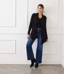 Petite Size Long Sleeve Ribbed Drape Front Cardigan -Karen Kane Store 3L56011 BLK karenkane 2025 fall 00 4