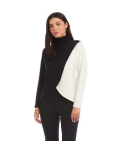 Long Sleeve Crossover Colorblock Top -Karen Kane Store 3L57513 BKIV karenkane 2025 fall 00 2