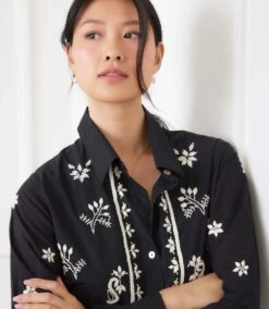 Long Sleeve Embroidered Shirt -Karen Kane Store 3L70135 BKTN karenkane 2025 fall 00 3