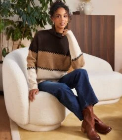 Petite Size Contrast Stitch Mock Neck Colorblock Sweater -Karen Kane Store 3L89983 MUL karenkane 2025 fall 00 3 1