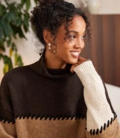 Petite Size Contrast Stitch Mock Neck Colorblock Sweater -Karen Kane Store 3L89983 MUL karenkane 2025 fall 00 4 1