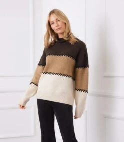 Petite Size Contrast Stitch Mock Neck Colorblock Sweater -Karen Kane Store 3L89983 MUL karenkane 2025 fall 00 5 1