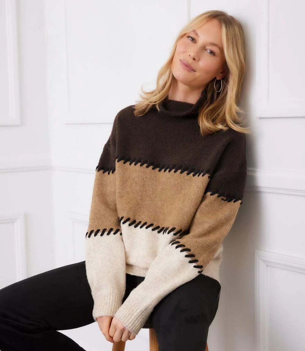 Contrast Stitch Mock Neck Colorblock Sweater 4 Contrast Stitch Mock Neck Colorblock Sweater - Image 2