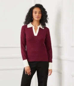 Contrast Ribbed Polo Sweater -Karen Kane Store 3N89161 WCR karenkane 2025 fall 00 4