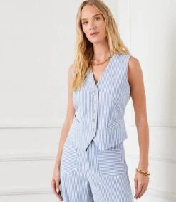 Stripe Button-Up Vest 15 Stripe Button-Up Vest -Karen Kane Store 6C6532D1 E4AB 41BE 8749 EA87024A284B